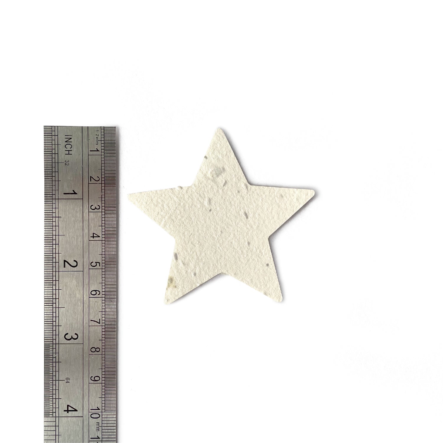 A Ruby &amp; Bo plantable paper star shown on a white background with a metal ruler alongside