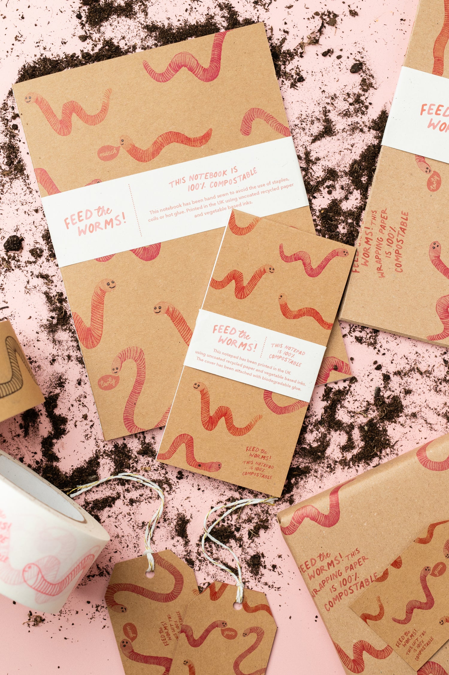 Ruby &amp; Bo Feed The Worms 100% Compostable Stationery collection on a pink background
