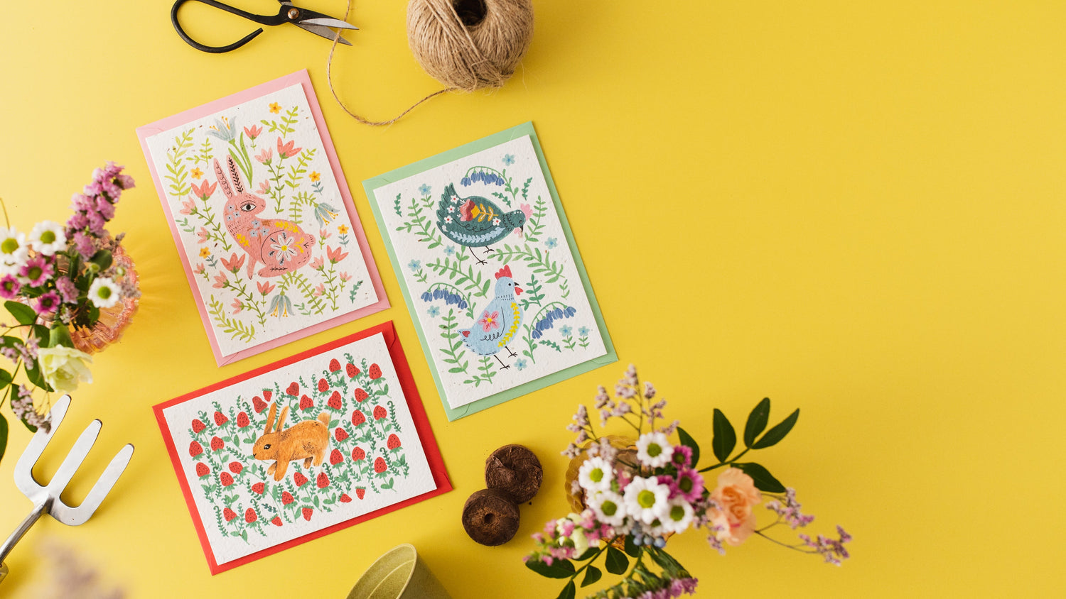 A set of 3 Ruby &amp; Bo plantable cards on a bright yellow background