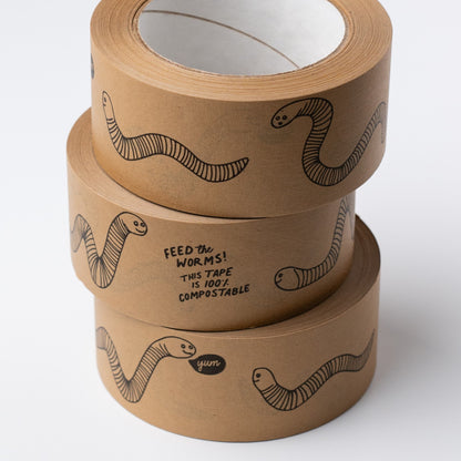 Stack of three rolls of Ruby &amp; Bo Feed the Worms Kraft Paper Tape
