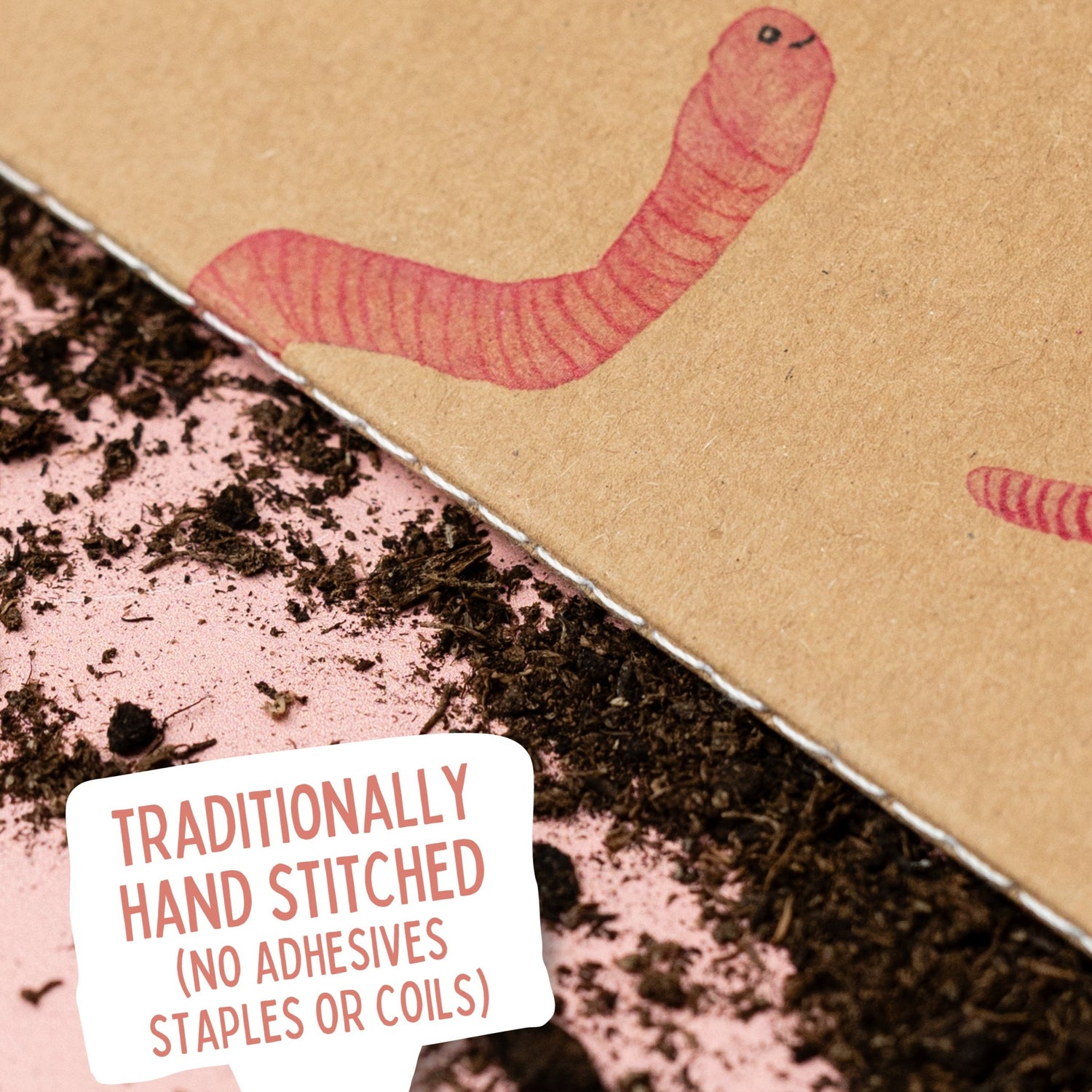 Stitching on side of Feed The Worms 100% Compostable Notebook