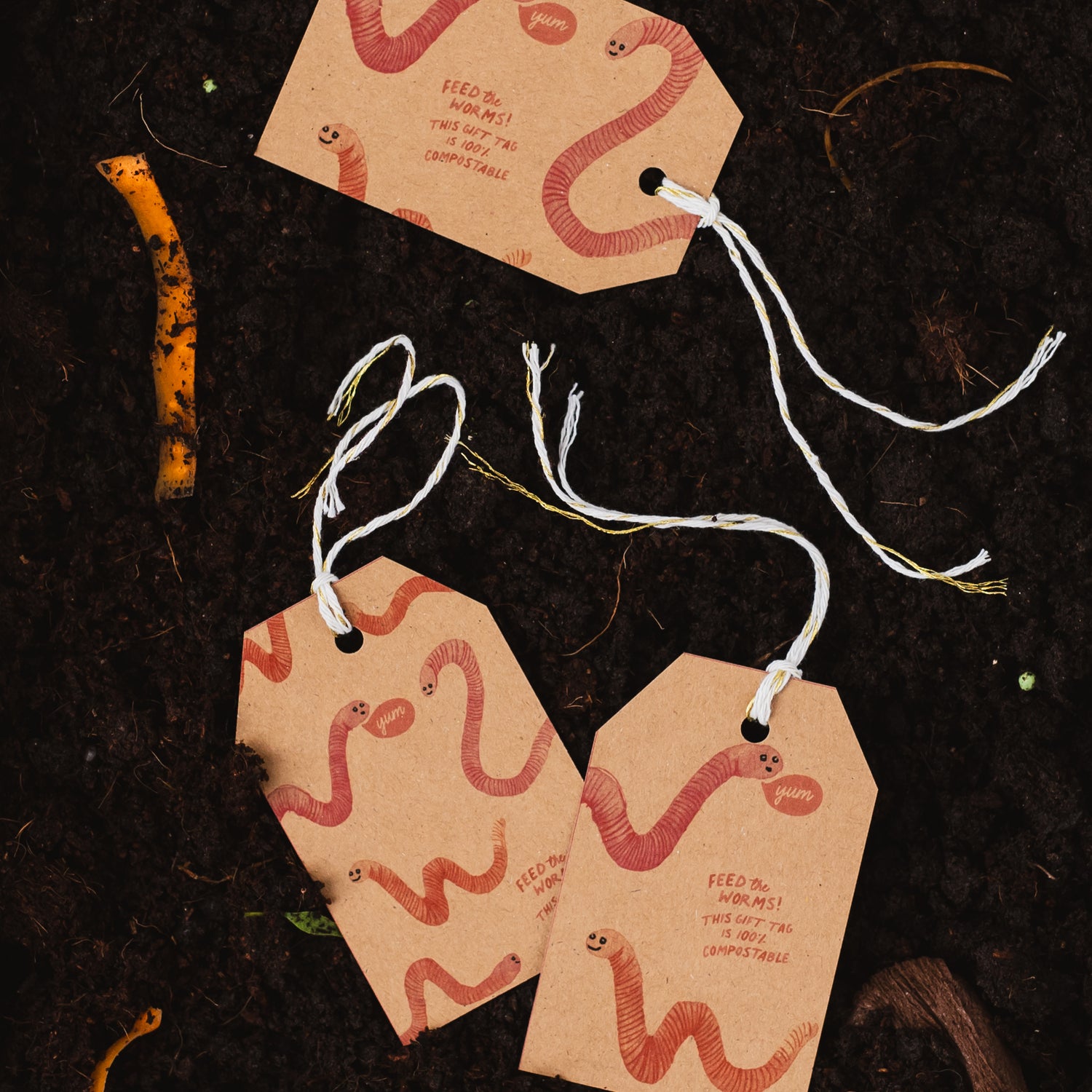 Feed The Worms Kraft Gift Tags on a pile of compost