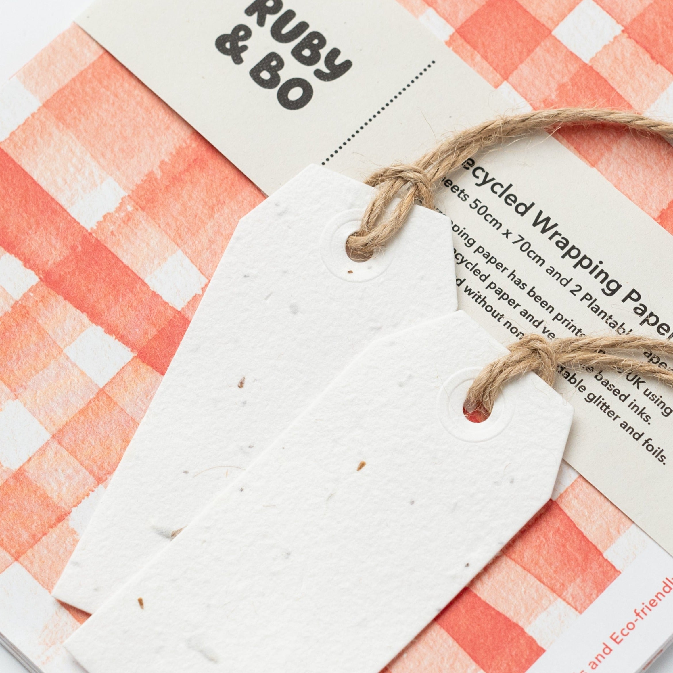 A Close Up of Ruby &amp; Bo Gingham Recycled Wrap &amp; Plantable Tag Set