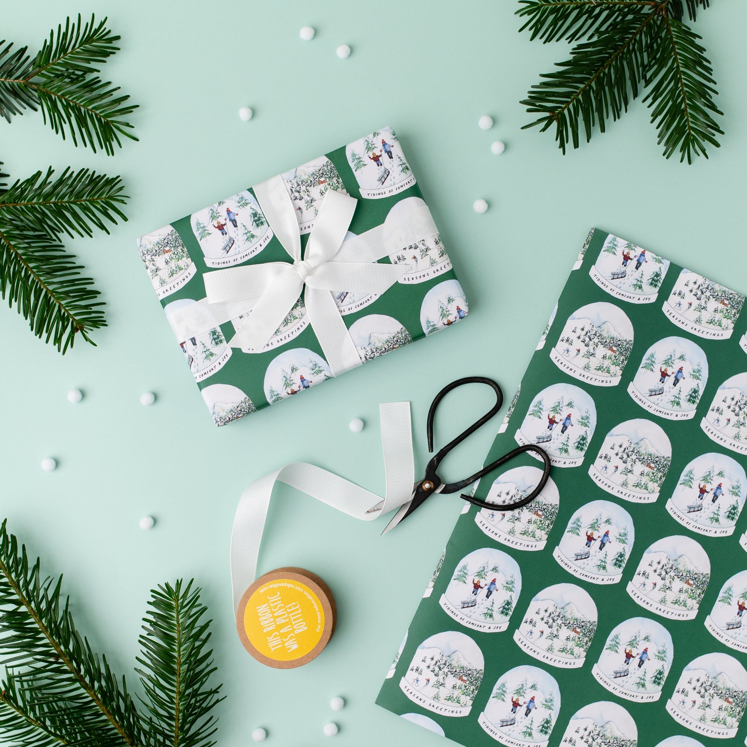Green Snowglobe Recycled Wrap &amp; Plantable Tag Set